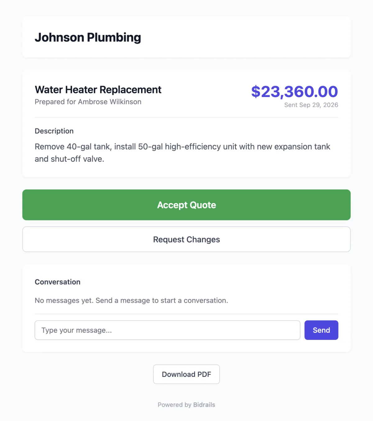 Customer-facing quote page with Accept Quote and Request Changes buttons